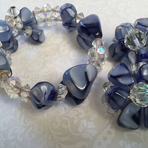 Mid-Century Blue Swirl Glass & Crystal Clamper Bracelet & Clip Earrings Set